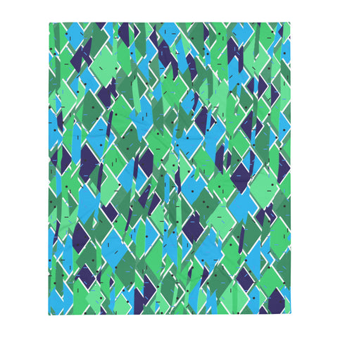 Distorted diamond pattern in tones of turquoise, sage green and navy blue, with an 80s Memphis confetti design overlay providing a contemporary retro feel to this couch throw blanket