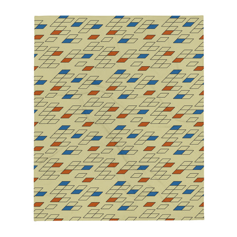 Patterned mustard throw blanket with rhombus shapes containing some colourful fills of blue and red by BillingtonPix