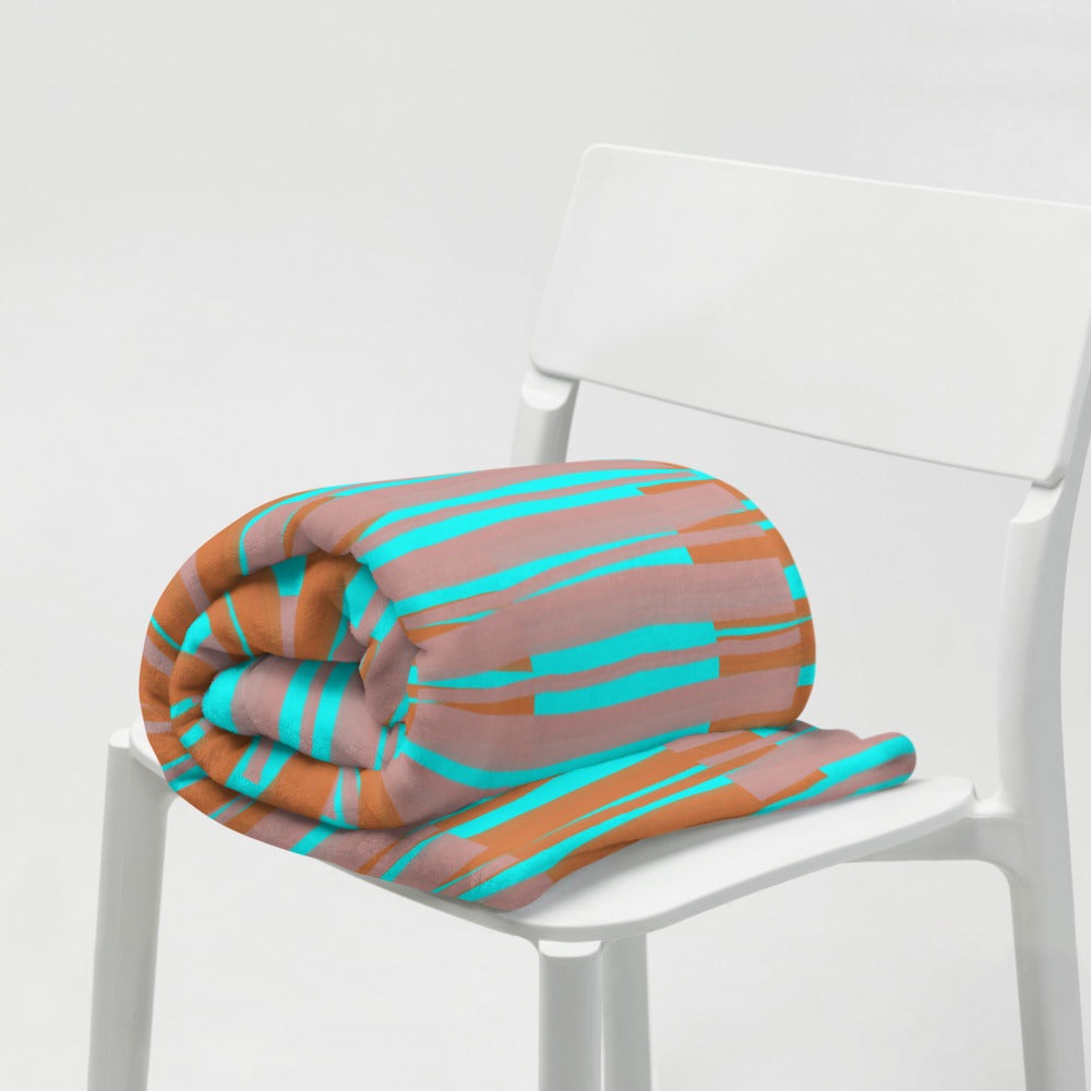 Contemporary Retro Turquoise Fibres Abstract Pattern sofa throw blanket by BillingtonPix with pink and orange abstract fibre markings and a turquoise blue background