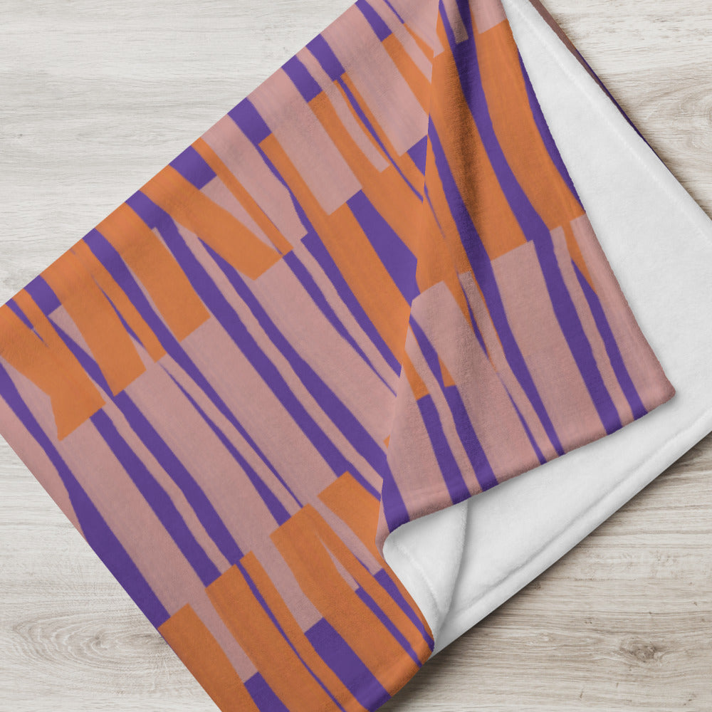 Contemporary Retro Purple Fibres Abstract Pattern sofa throw blanket by BillingtonPix with pink and orange abstract fibre markings and a purple background