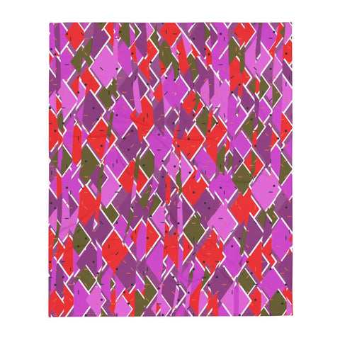 Distorted diamond pattern in tones of pink, purple and olive, with an 80s Memphis confetti design overlay providing a contemporary retro feel to this couch throw blanket