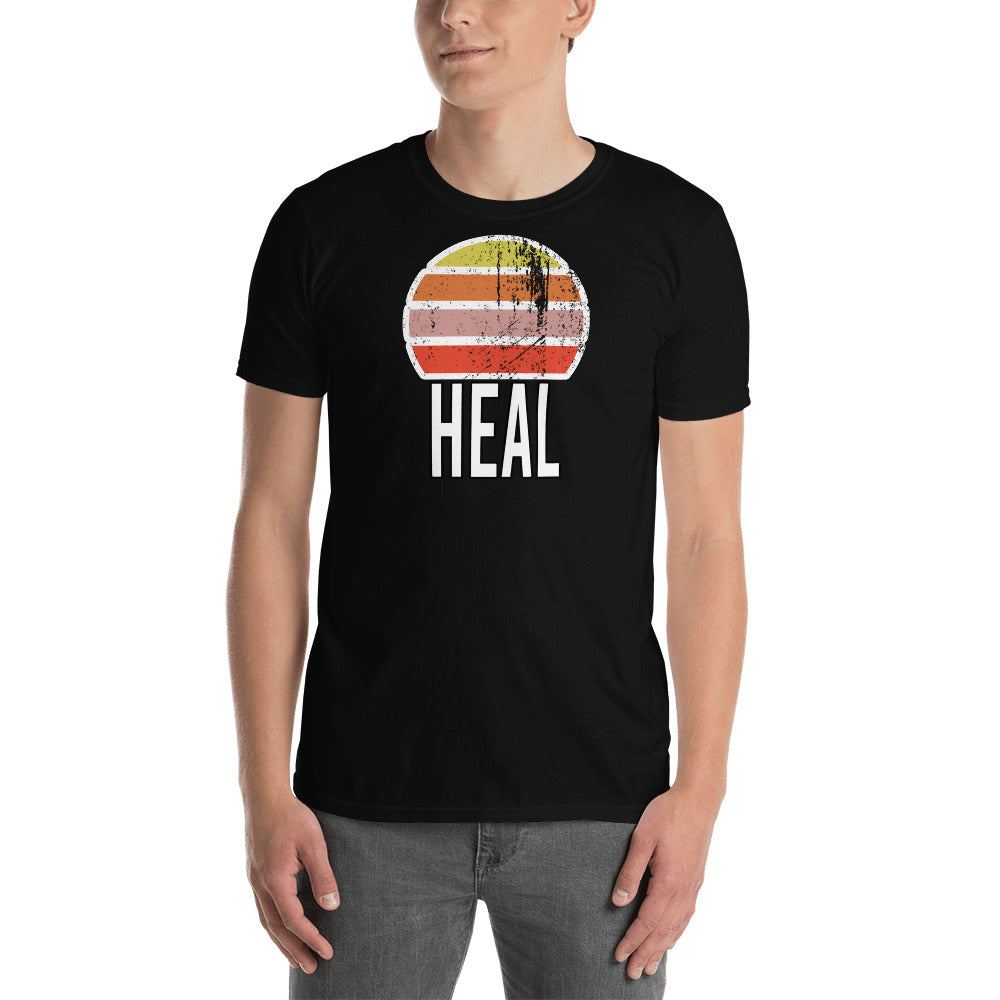 Camiseta unisex de manga corta con diseño vintage de puesta de sol de Heal