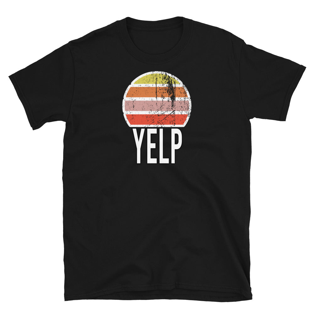 Retro vintage style sunset graphic in yellow, orange, pink and scarlet with the slogan word YELP in block caps below on this black cotton t-shirt by BillingtonPix