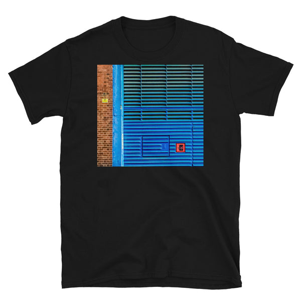 Retro aesthetic hints with this geometric colorful Piet Mondrian inspired photograph with geometric lines and squares from the back of an old telephone exchange in Southwark, London printed on this t-shirt