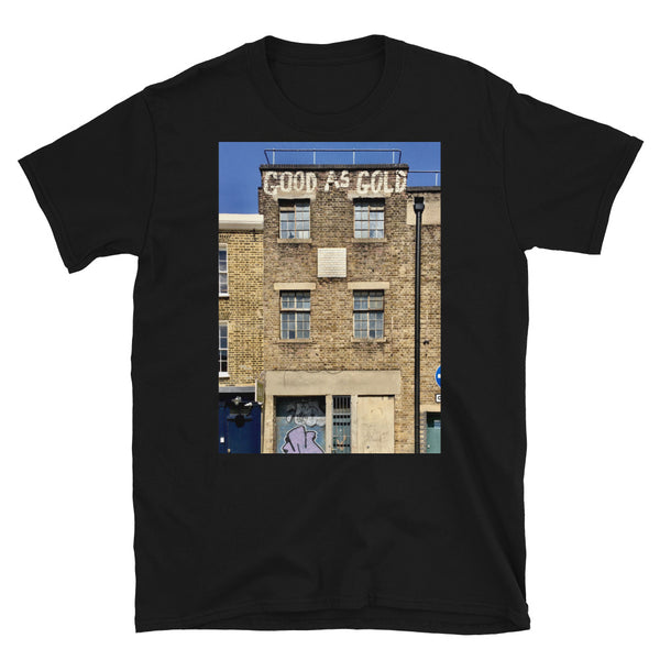 Good as Gold photographic t-shirt of a street view in Southwark in South London on this black cotton t-shirt by BillingtonPix