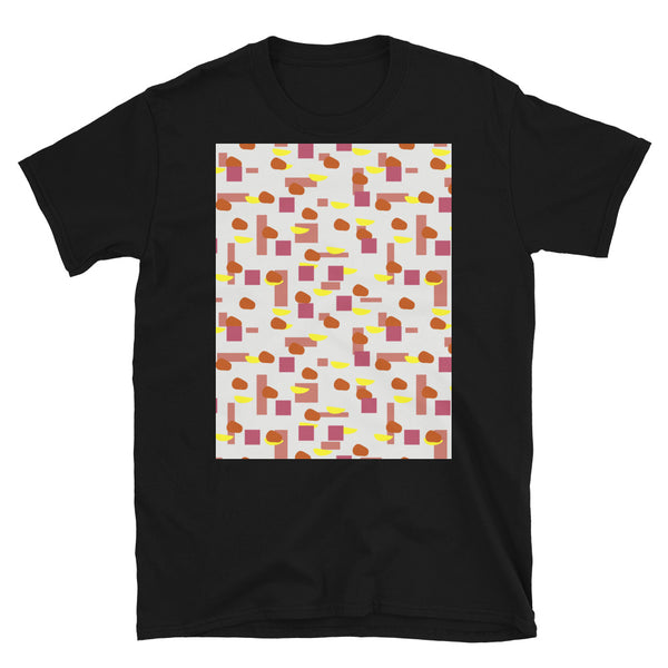 Colorful orange, yellow, red and purple geometric abstract shapes on a cream background on this Alexander Girard inspired t-shirt