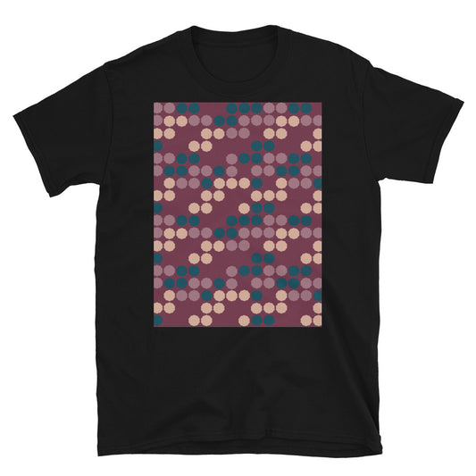 Gemustertes Kurzarm-Unisex-T-Shirt | Burgunderrot im 50er-Jahre-Stil | Vintage Dot Matrix