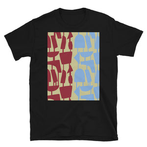 This Mid-Century Modern style shirt design consists of geometric shapes split into vermillion red and pale cerulean blue color patterns, each connected by narrow tentacles to form and almost hanging mobile type abstract design on a cream background