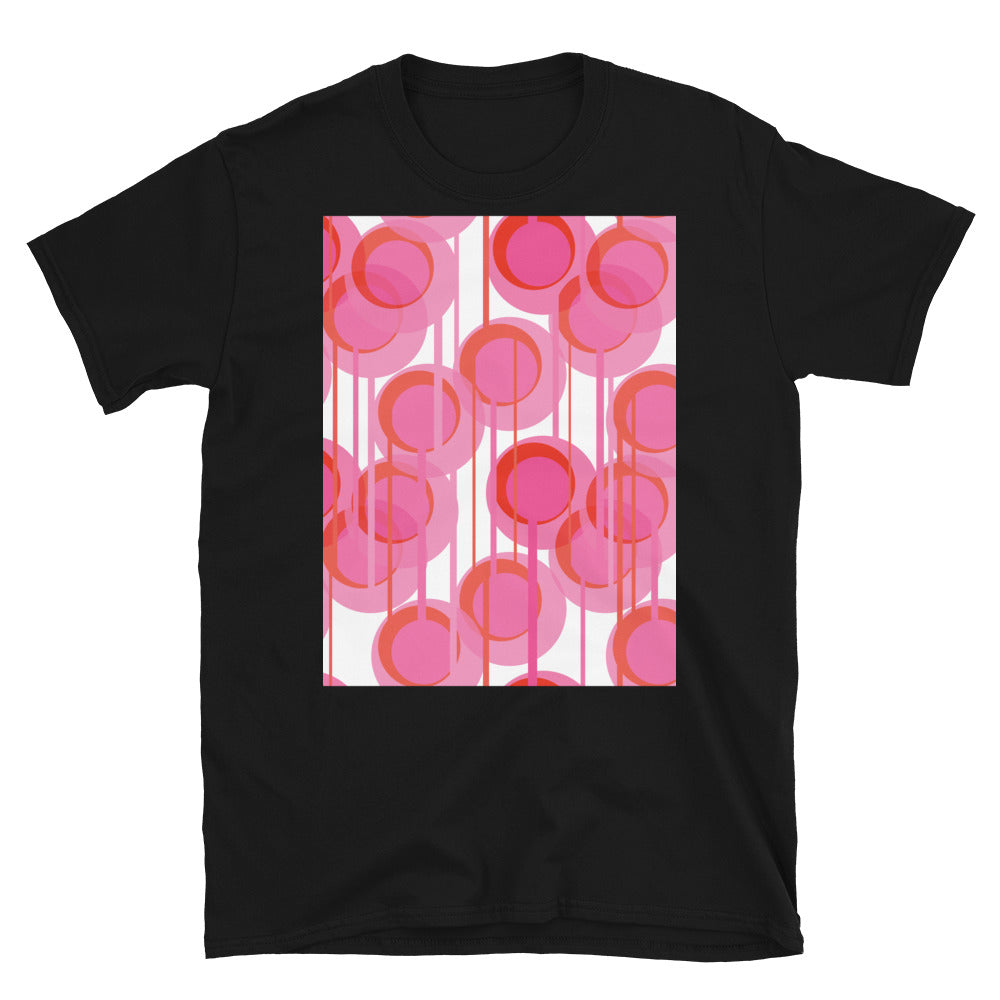 This Mid-Century Modern style shirt consists of colorful geometric circular shapes in various tones of pink, connected vertically by narrow tentacles to form and almost hanging mobile type abstract circular pattern on a white background