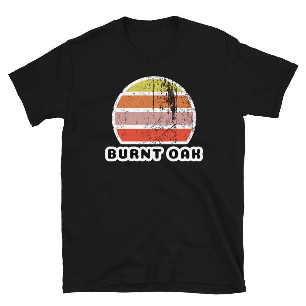 Vintage retro sunset in yellow, orange, pink and scarlet with the name Burnt Oak beneath on this black t-shirt