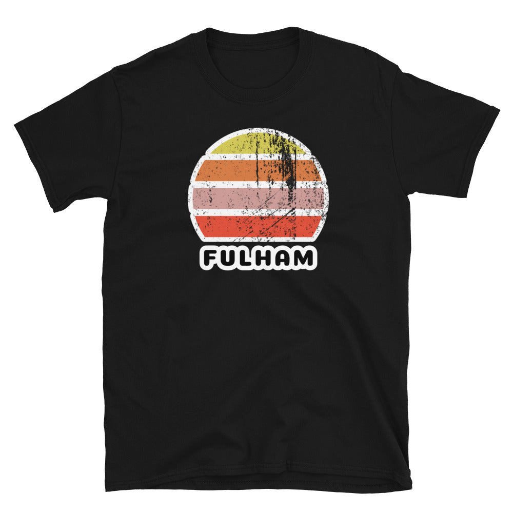 Vintage retro sunset in yellow, orange, pink and scarlet with the name Fulham beneath on this black t-shirt