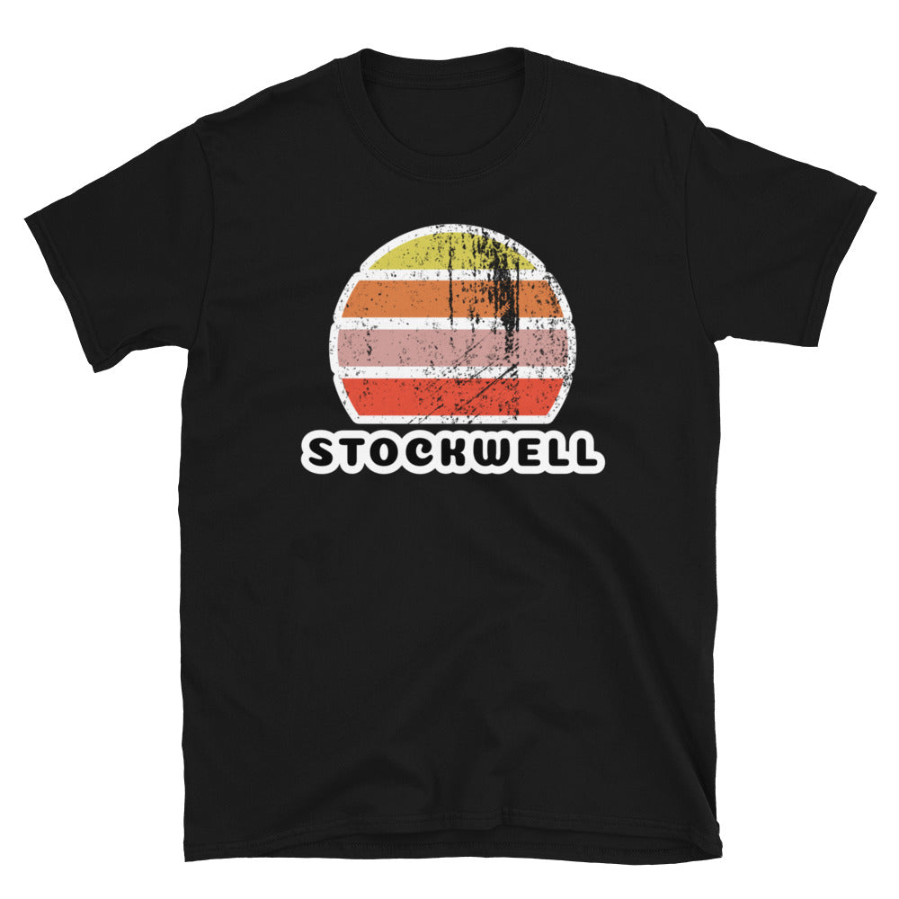 Vintage distressed style abstract retro sunset in yellow, orange, pink and scarlet with the name Stockwell beneath on this black t-shirt