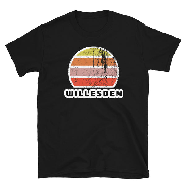 Vintage distressed style abstract retro sunset in yellow, orange, pink and scarlet with the London name Willesden beneath on this black vintage sunset t-shirt
