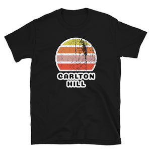 Distressed style abstract retro sunset graphic in yellow, orange, pink and scarlet stripes rising up from the famous Brighton place name of Carlton Hill on this black cotton t-shirt