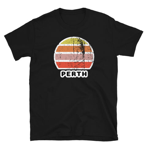 Distressed style abstract retro sunset graphic in yellow, orange, pink and scarlet stripes above the famous Scottish place name of Perth on this black cotton t-shirt