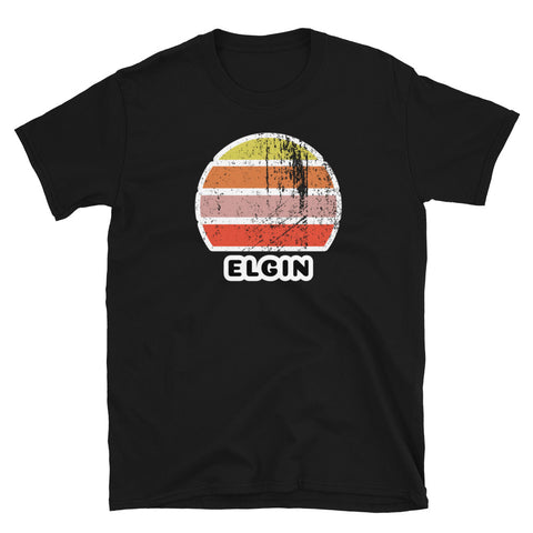 Distressed style abstract retro sunset graphic in yellow, orange, pink and scarlet stripes above the famous Scottish place name of Elgin on this black cotton t-shirt
