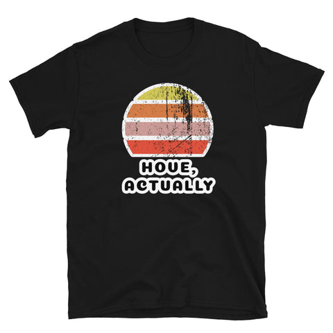 Abstract retro sunset graphic in distressed style yellow, orange, pink and scarlet stripes above the famous Brighton place name of Hove, actually, on this black cotton t-shirt