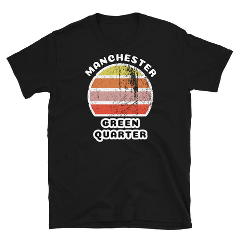 Distressed style abstract retro sunset graphic in yellow, orange, pink and scarlet stripes. The name of Manchester is displayed at the top wrapped around the sunset. Below the retro sunset design is the famous Manchester place name of Green Quarter on this black cotton t-shirt. 