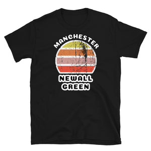 Distressed style abstract retro sunset graphic in yellow, orange, pink and scarlet stripes. The name of Manchester is displayed at the top wrapped around the sunset. Below the retro sunset design is the famous Manchester place name of Newall Green on this black cotton t-shirt.