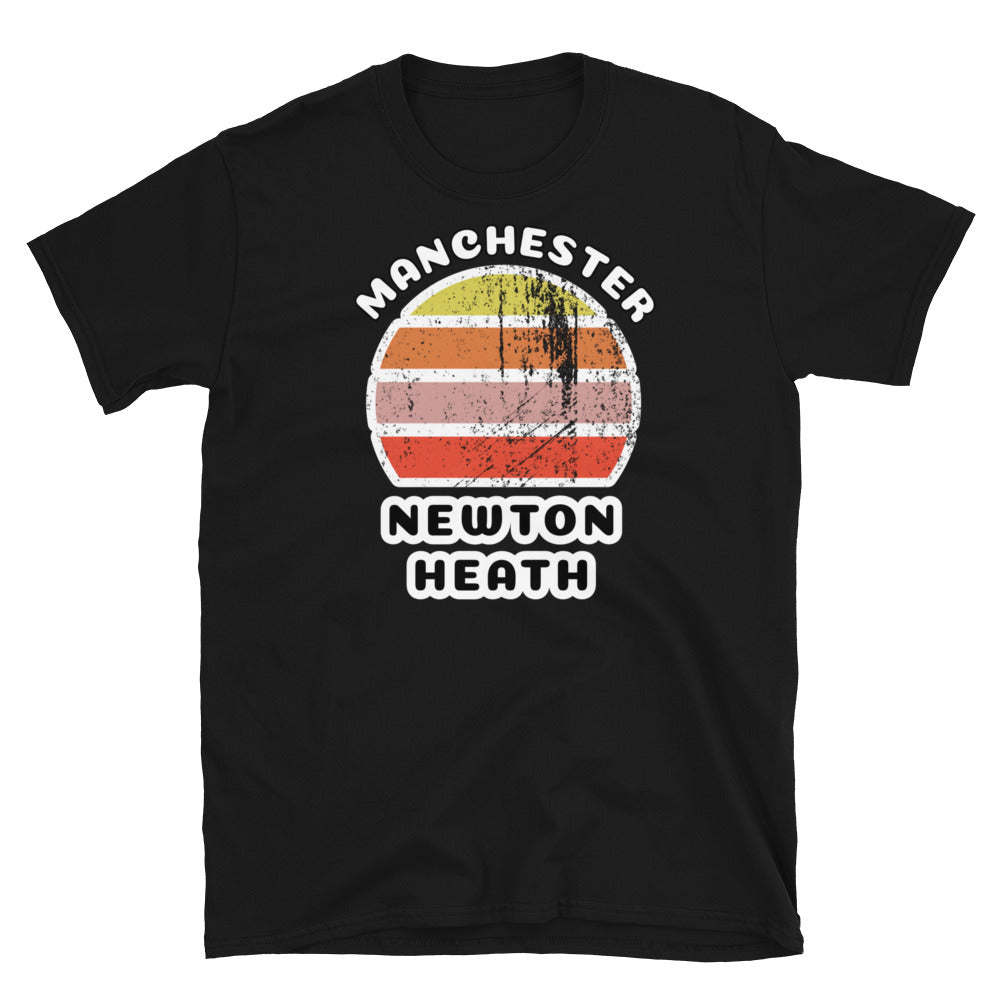 Distressed style abstract retro sunset graphic in yellow, orange, pink and scarlet stripes. The name of Manchester is displayed at the top wrapped around the sunset. Below the retro sunset design is the famous Manchester place name of Newton Heath on this black cotton t-shirt.