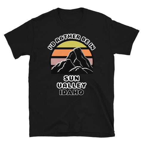 Sun Valley Idaho vintage sunset mountain scene in silhouette, surrounded by the words I'd Rather Be on top and Sun Valley Idaho below on this black cotton t-shirt