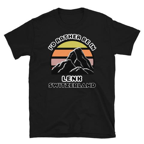 Lenk Switzerland vintage sunset mountain scene in silhouette, surrounded by the words I'd Rather Be In on top and Lenk, Switzerland below on this black cotton ski and mountain themed t-shirt