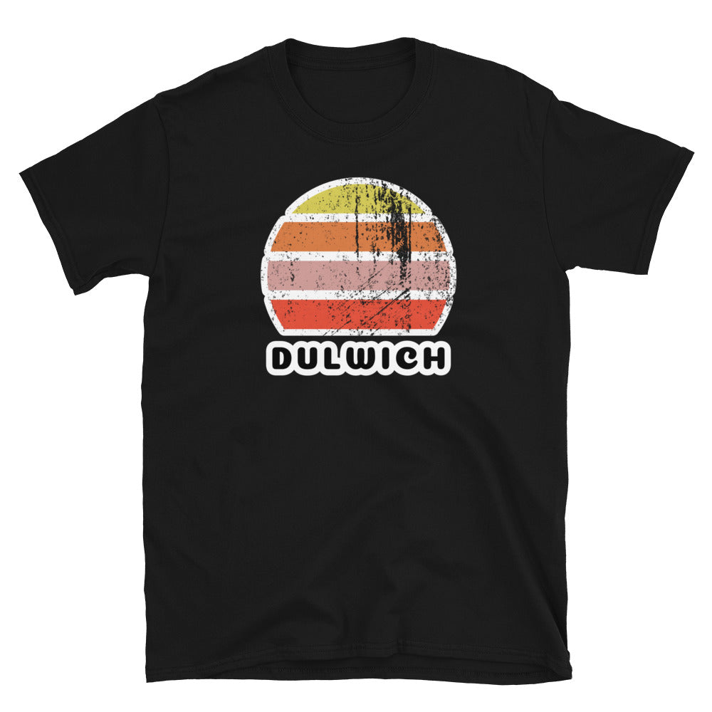 Vintage retro sunset in yellow, orange, pink and scarlet with the name Dulwich beneath on this black cotton t-shirt