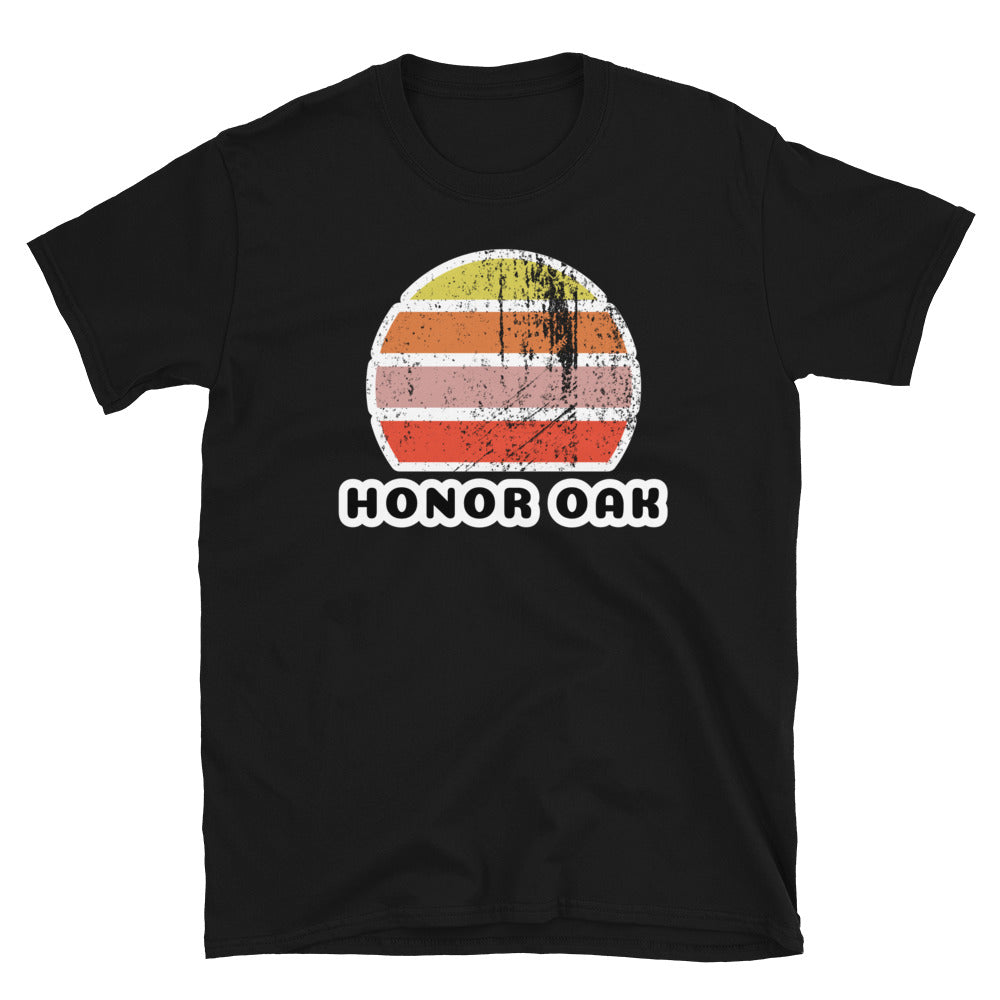 Vintage distressed style retro sunset in yellow, orange, pink and scarlet with the name Honor Oak beneath on this black cotton t-shirt