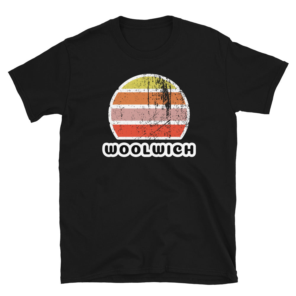 Vintage distressed style retro sunset in yellow, orange, pink and scarlet with the London neighbourhood of Woolwich on this black cotton retro style t-shirt