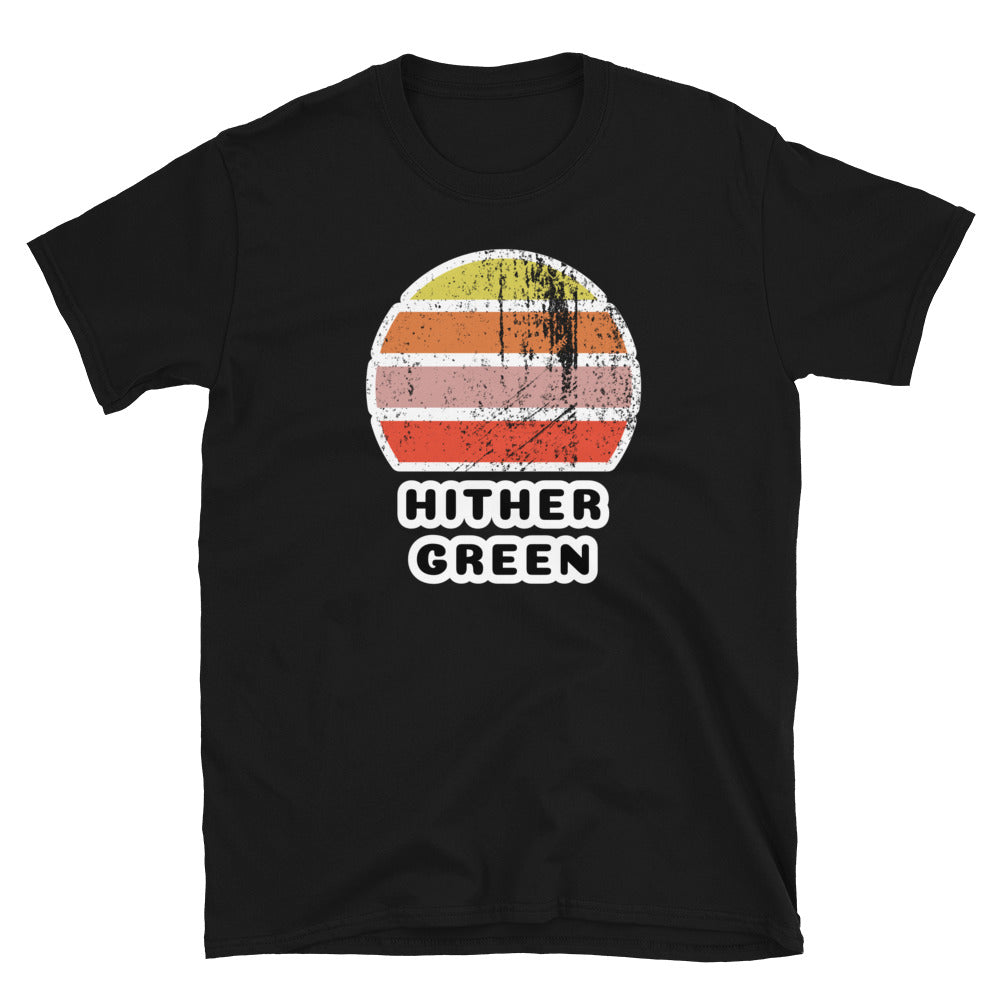 Vintage distressed style retro sunset in yellow, orange, pink and scarlet with the London neighbourhood of Hither Green beneath on this black cotton t-shirt