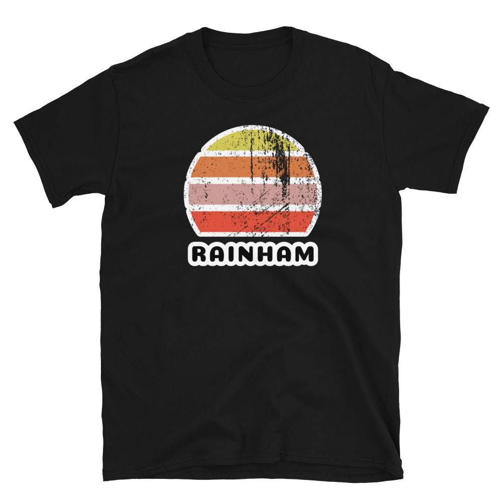 Vintage distressed style retro sunset in yellow, orange, pink and scarlet with the London neighbourhood of Rainham Essex beneath on this black cotton t-shirt