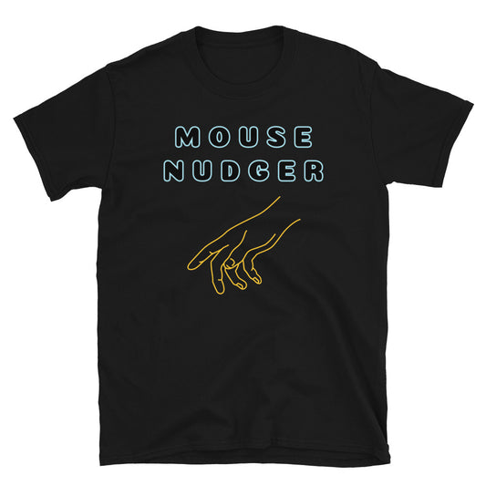 Mouse Nudger funny novelty t-shirt in black cotton by BillingtonPix featuring a neon yellow hand reaching out to nudge a mouse