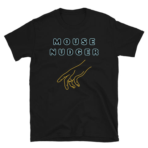 Mouse Nudger funny novelty t-shirt in black cotton by BillingtonPix featuring a neon yellow hand reaching out to nudge a mouse