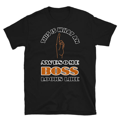 This is what an awesome boss looks like including a hand pointing up to the wearer on this black cotton t-shirt by BillingtonPix
