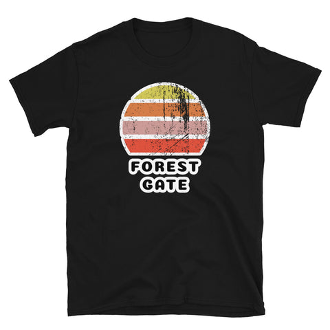 Vintage distressed style retro sunset in yellow, orange, pink and scarlet with the London neighbourhood of Forest Gate beneath on this black cotton t-shirt