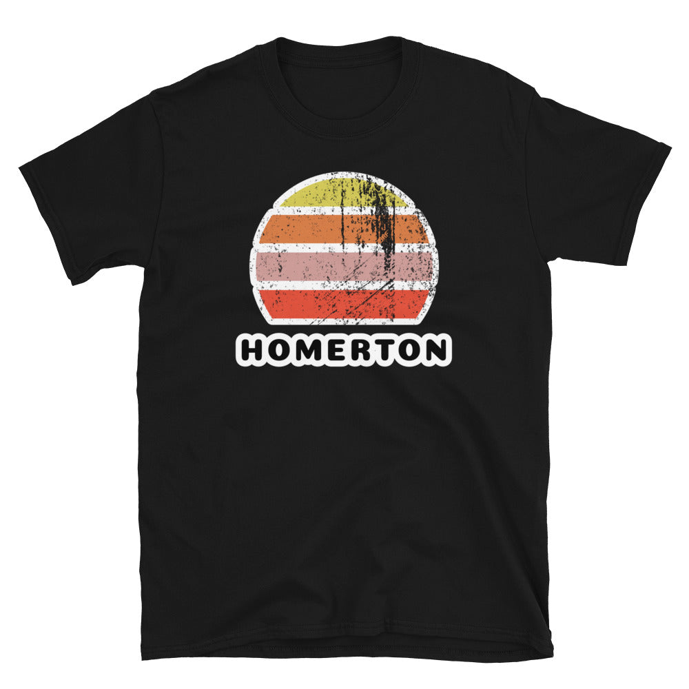 Vintage distressed style retro sunset in yellow, orange, pink and scarlet with the London neighbourhood of Homerton beneath on this black cotton t-shirt