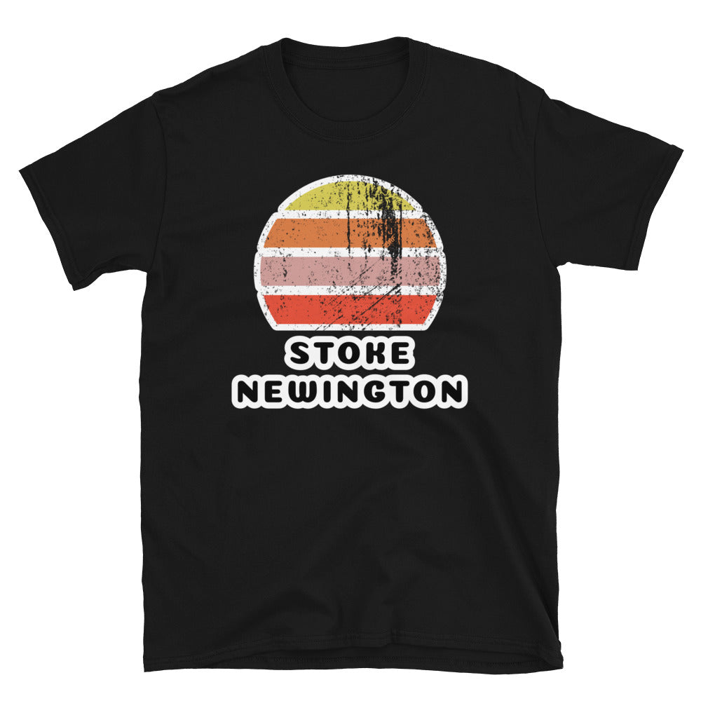 Vintage distressed style retro sunset in yellow, orange, pink and scarlet with the London neighbourhood of Stoke Newington beneath on this black cotton t-shirt