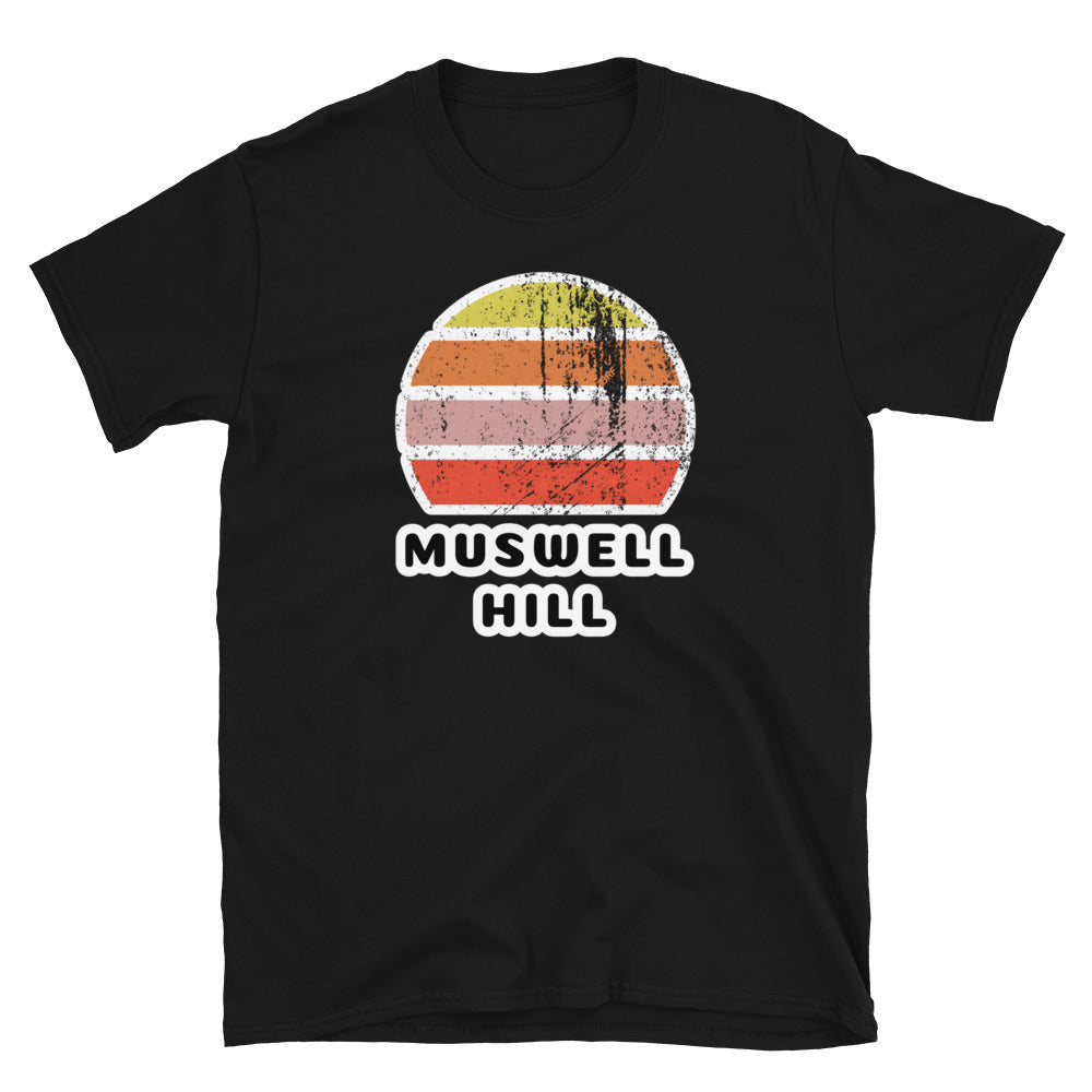 Vintage distressed style retro sunset in yellow, orange, pink and scarlet with the London neighbourhood of Muswell Hill beneath on this black cotton t-shirt