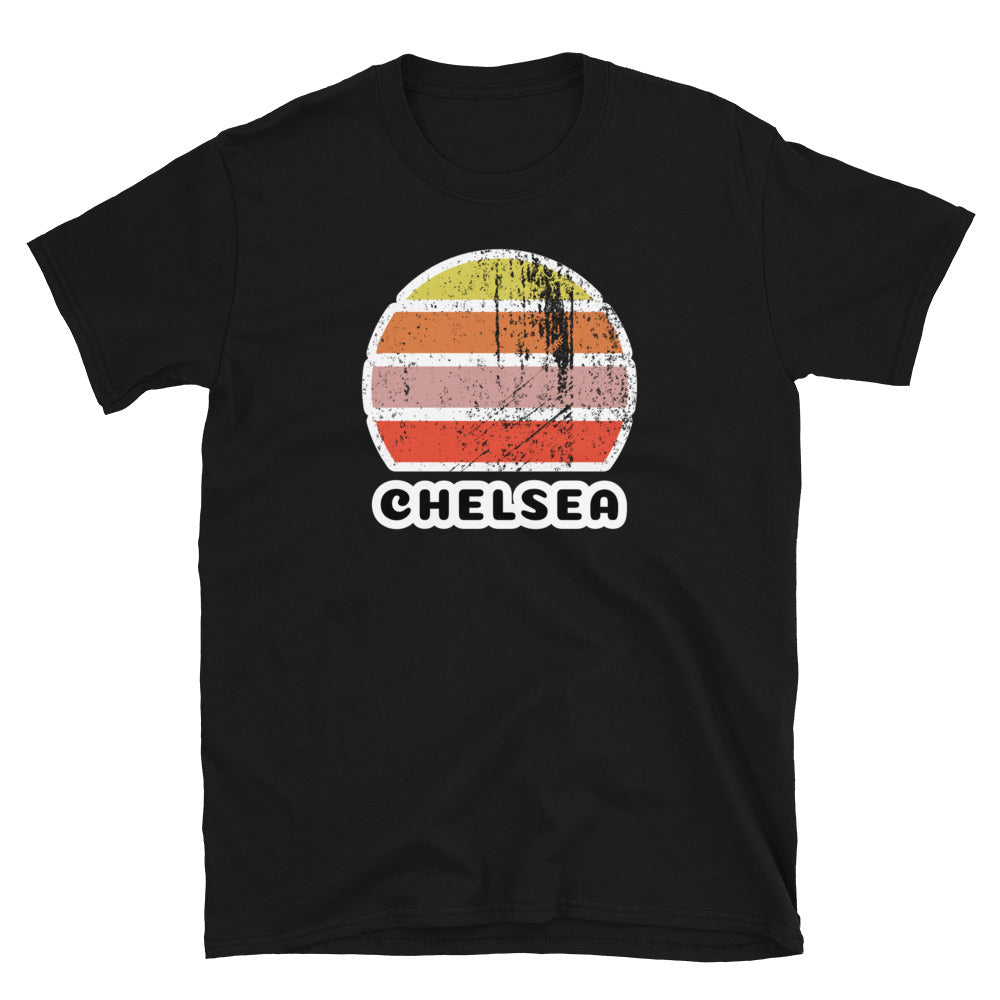 Vintage distressed style retro sunset in yellow, orange, pink and scarlet with the London neighbourhood of Chelsea outlined beneath on this black cotton t-shirt