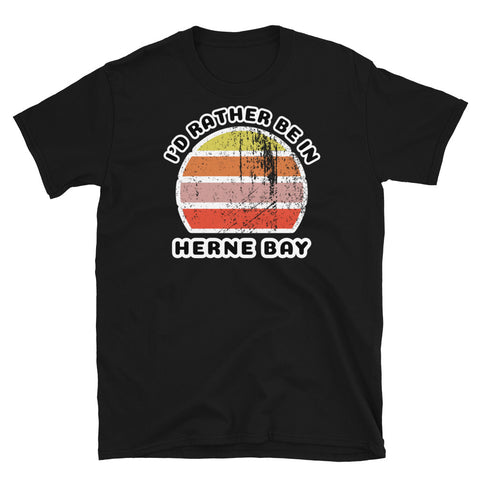 Vintage style distressed effect sunset graphic design t-shirt entitled I'd Rather be in Herne Bay on this black cotton tee