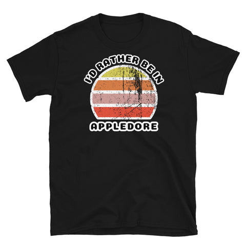 Vintage style distressed effect sunset graphic design t-shirt entitled I'd Rather be in Appledore on this black cotton tee