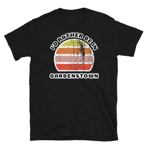Vintage style distressed effect sunset graphic design t-shirt entitled I'd Rather be in Gardenstown on this black cotton tee