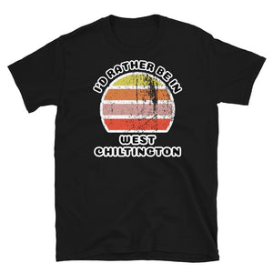 Vintage style distressed effect sunset graphic design t-shirt entitled I'd Rather be in West Chiltington on this black cotton tee