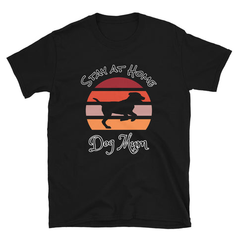 Cute Dog themed black t-shirt with sunset design and Labrador dog silhouette and the words Stay at Home Dog Mum 