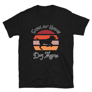 Cute Dog themed black t-shirt with sunset design and Labrador dog silhouette and the words Stay at Home Dog Mama