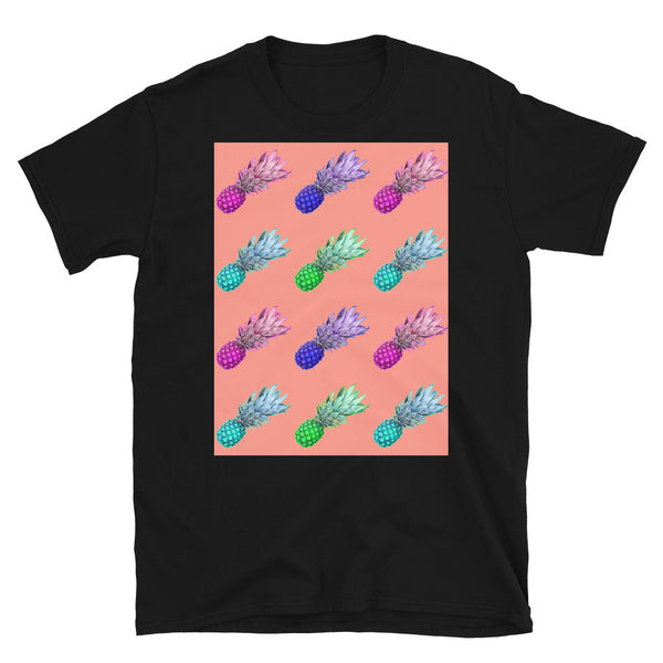 Brightly coloured pineapples in a diagonal formation against a peach background on this white black t-shirtt