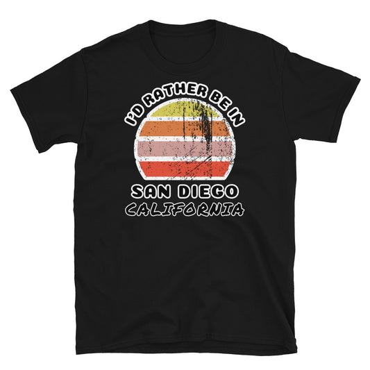 Vintage style distressed effect sunset graphic design t-shirt entitled I'd Rather be in San Diego California on this black cotton tee