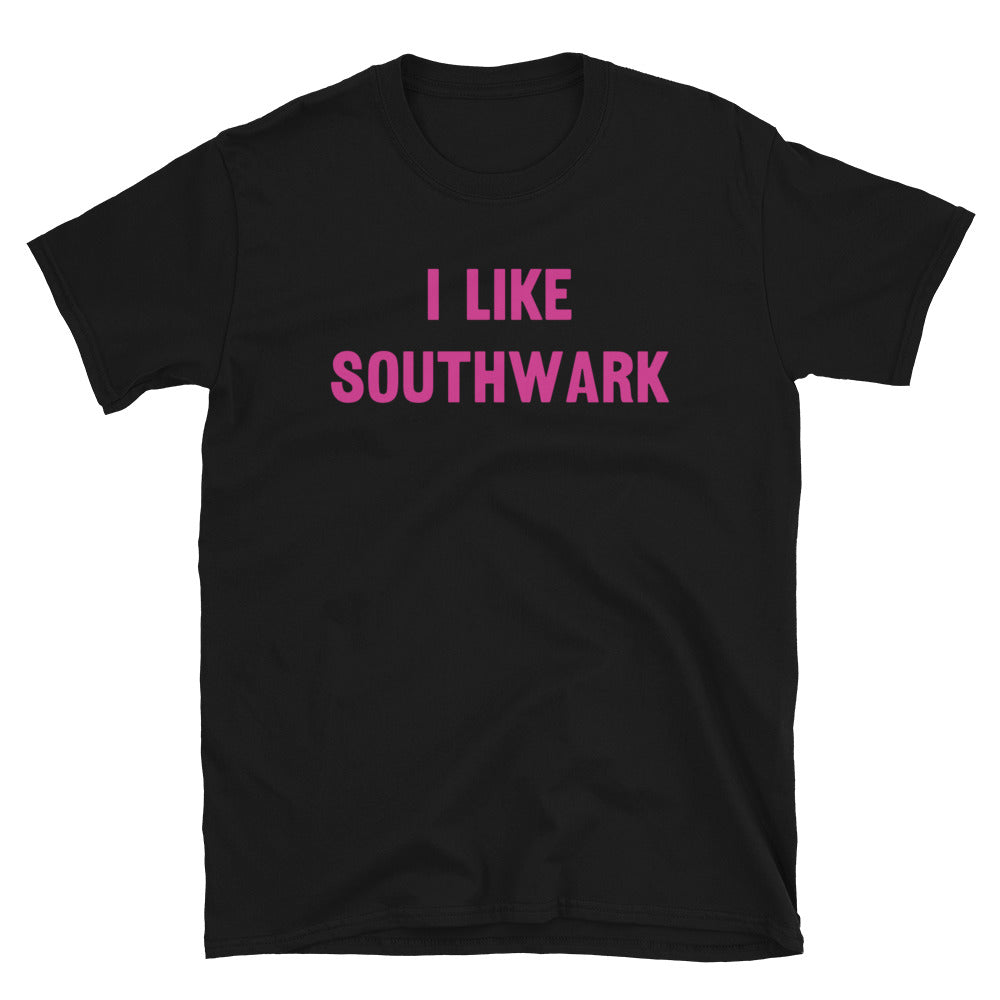 I like Southwark Slogan T-Shirt in pink font on this black cotton tee