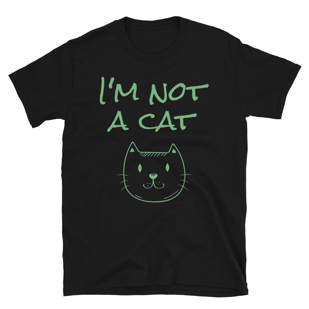 I'm not a cat funny meme t-shirt featuring a teal green slogan and line drawing of a smiling cat face on this black cotton t-shirt