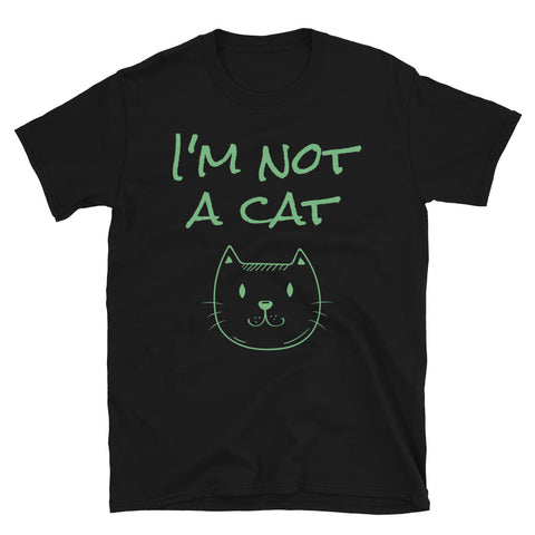 I'm not a cat funny meme t-shirt featuring a teal green slogan and line drawing of a smiling cat face on this black cotton t-shirt